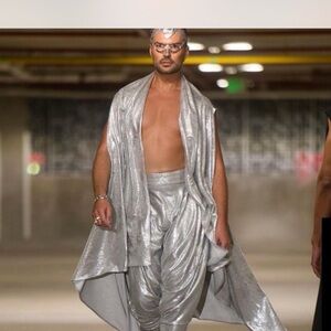 Men’s Futuristic Metallic Cape and Harem Pants w/ feather head piece